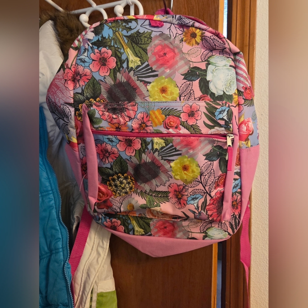 Pink Floral Backpack with Multicolor Flower Print